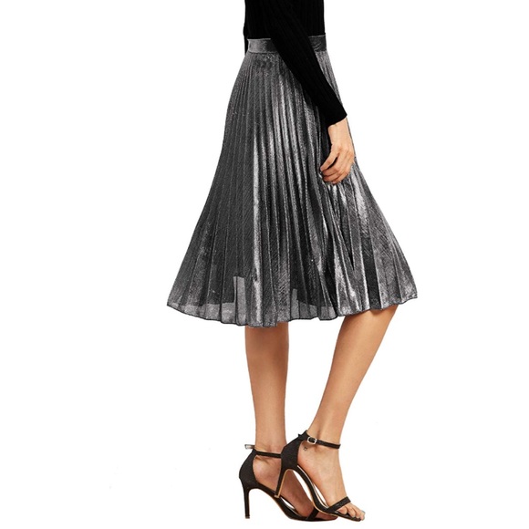 Pleated Full A Line Midi Skater Skirt Dark Silver - Picture 4 of 5